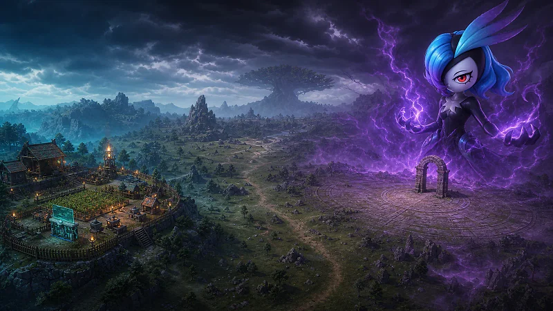 Bellanoir towers over a remote purple raid arena separated by a wide valley from a protected player base