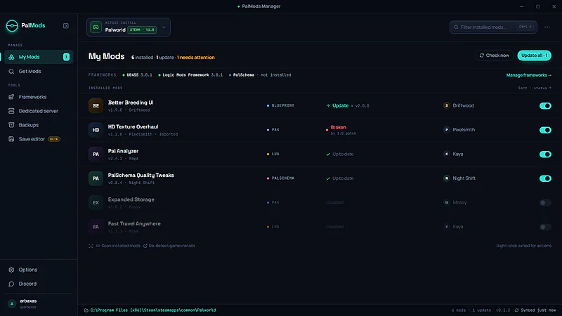 The PalMods desktop app on the My Mods screen, showing six installed mods, framework versions, and one pending update