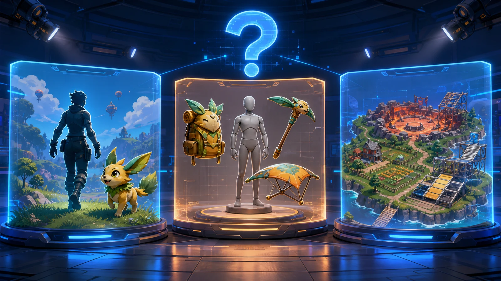 Three speculative crossover concepts show a creature companion, cosmetic gear, and a creator-made island beneath a question mark