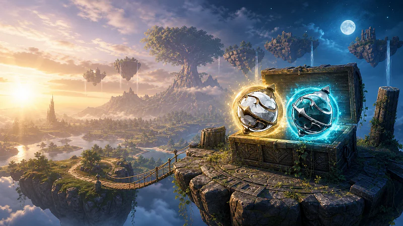 Sol and Ancient Spheres glow inside an opened chest on a floating sky island at sunrise and moonrise