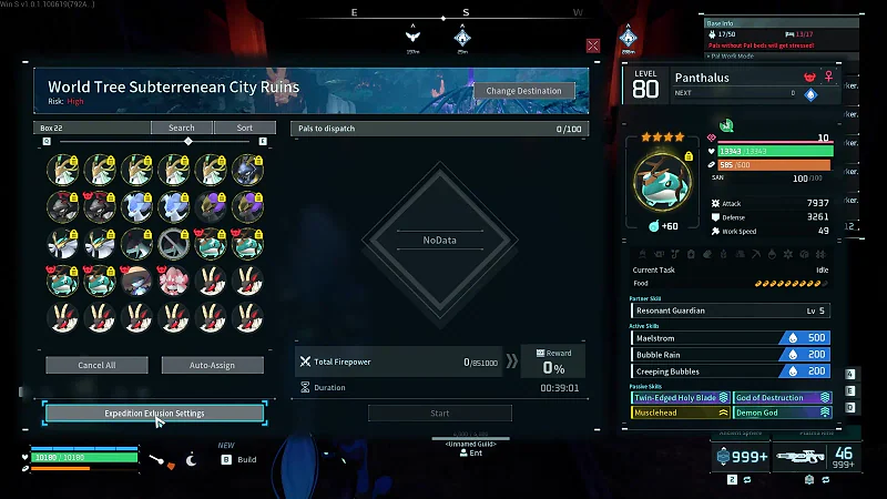 Palworld expedition screen with the Expedition Exclusion Settings button highlighted beneath the available Pal roster