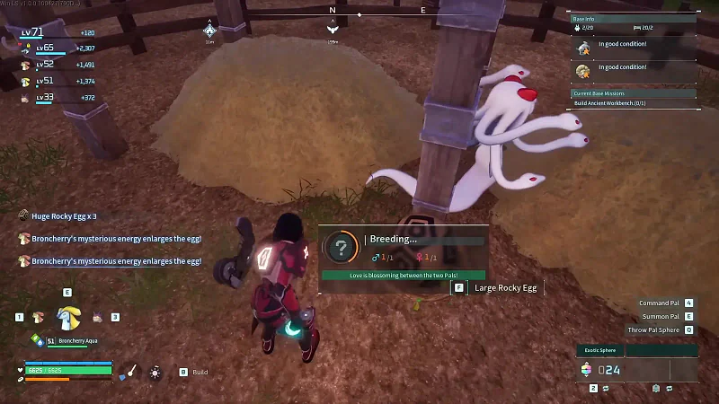 Palworld player collecting breeding eggs as Broncherry triggers Alpha conversion while the three-Pal pickup party is active