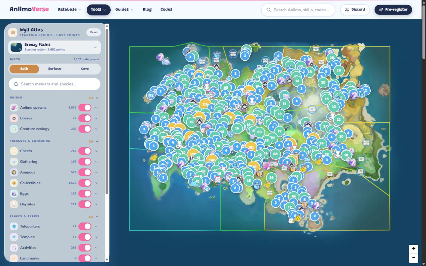 AniimoVerse interactive Idyll map with filters for creature spawns, bosses, chests, eggs, and travel points