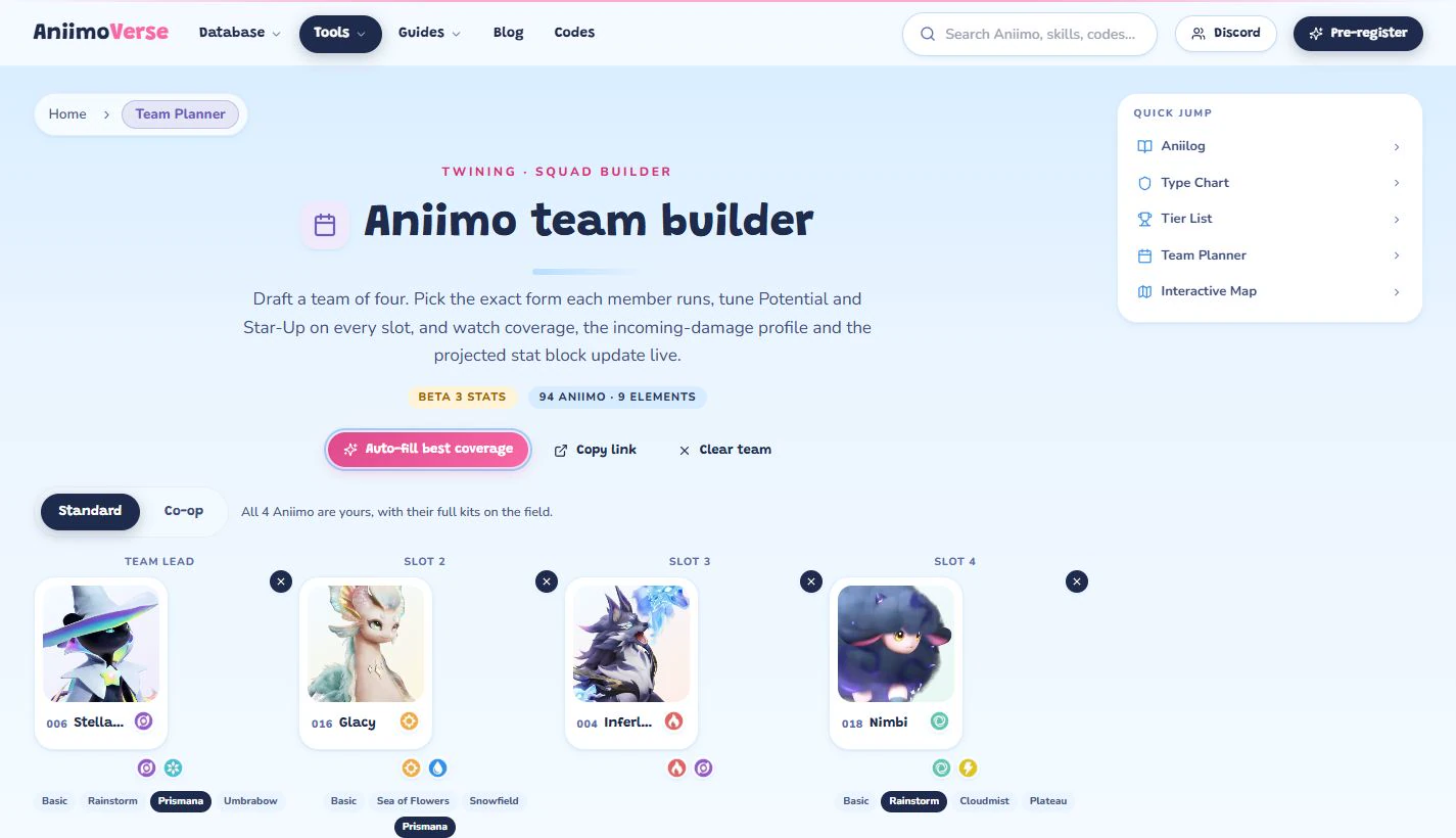 AniimoVerse team planner filled with four Aniimo and their element coverage