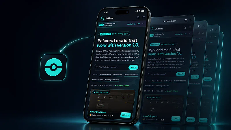 The real PalMods mobile interface appears on a smartphone beside the installed PalMods app icon