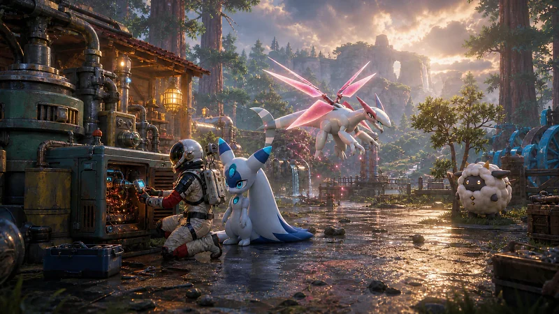 A survivor repairs base machinery with Lunaris as a flying mount hovers awkwardly nearby after a rainstorm.