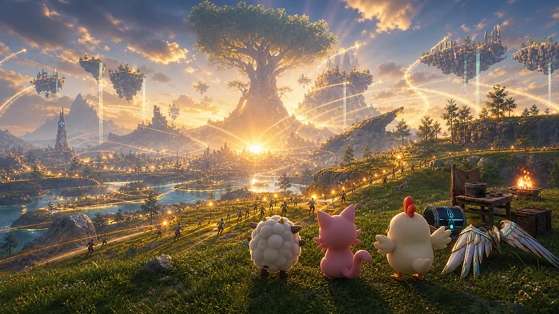 Lamball, Cattiva, and Chikipi watch crowds and golden travel trails converge on the World Tree