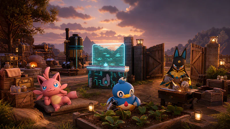 Cattiva, Pengullet, and Anubis relaxing and working around a warm Palworld base with a glowing Palbox