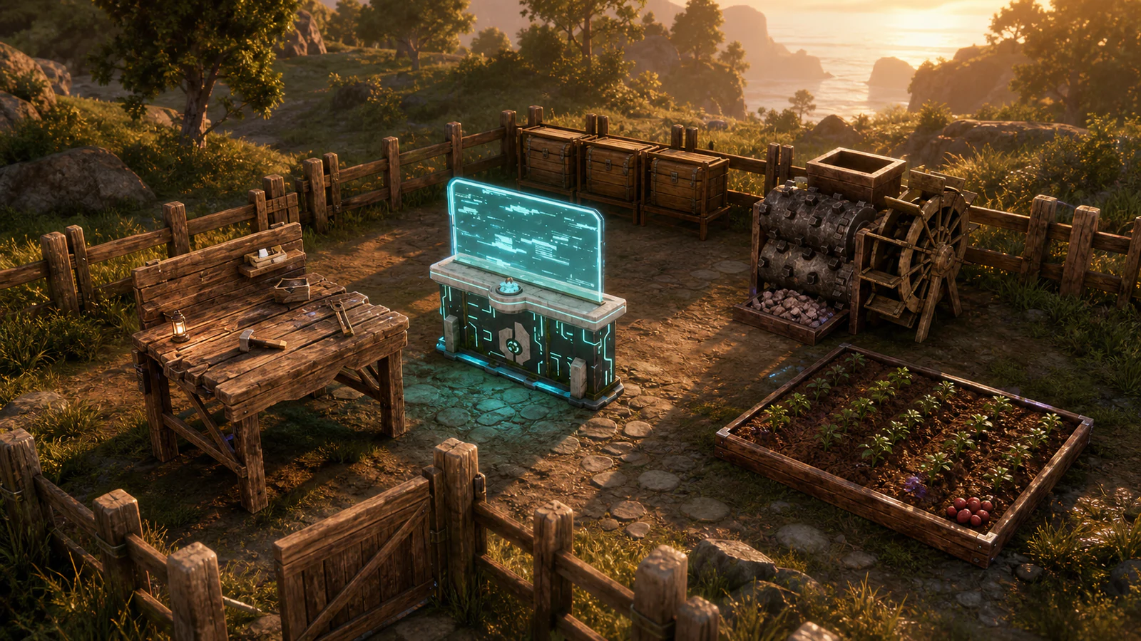 A compact Palworld base with a Palbox, Workbench, berry plot, Crusher, and organized storage