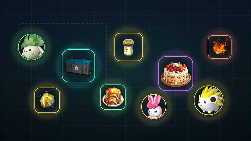 Palworld base building items and worker pals in glowing plates on a dark teal blueprint grid