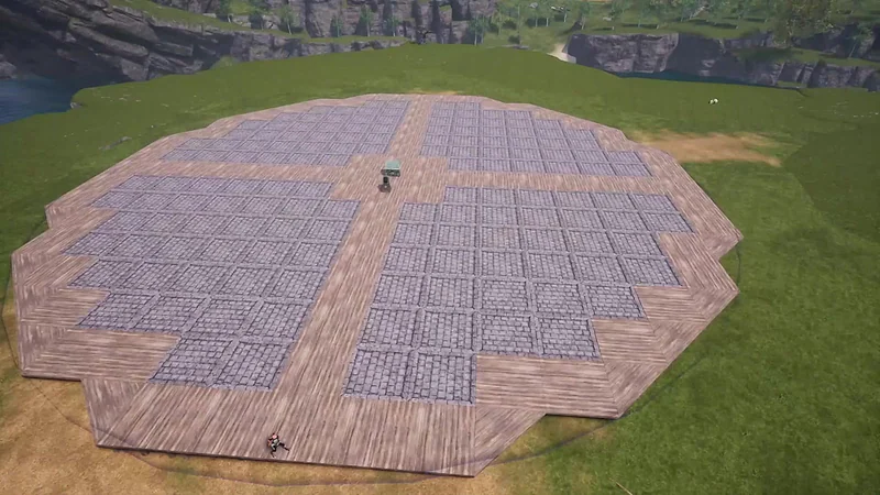 Aerial view of a huge circular Palworld base filled edge to edge with foundations