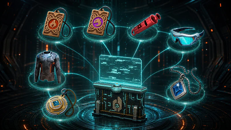 Seven recognizable Palworld accessories orbit a teal upgrade terminal in a dark high-tech chamber