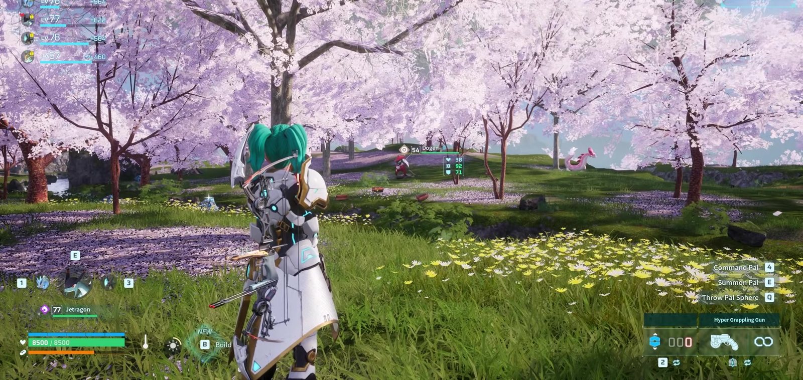 Scouting wild pals in a blossom field with the Pal Tamer's Glasses equipped