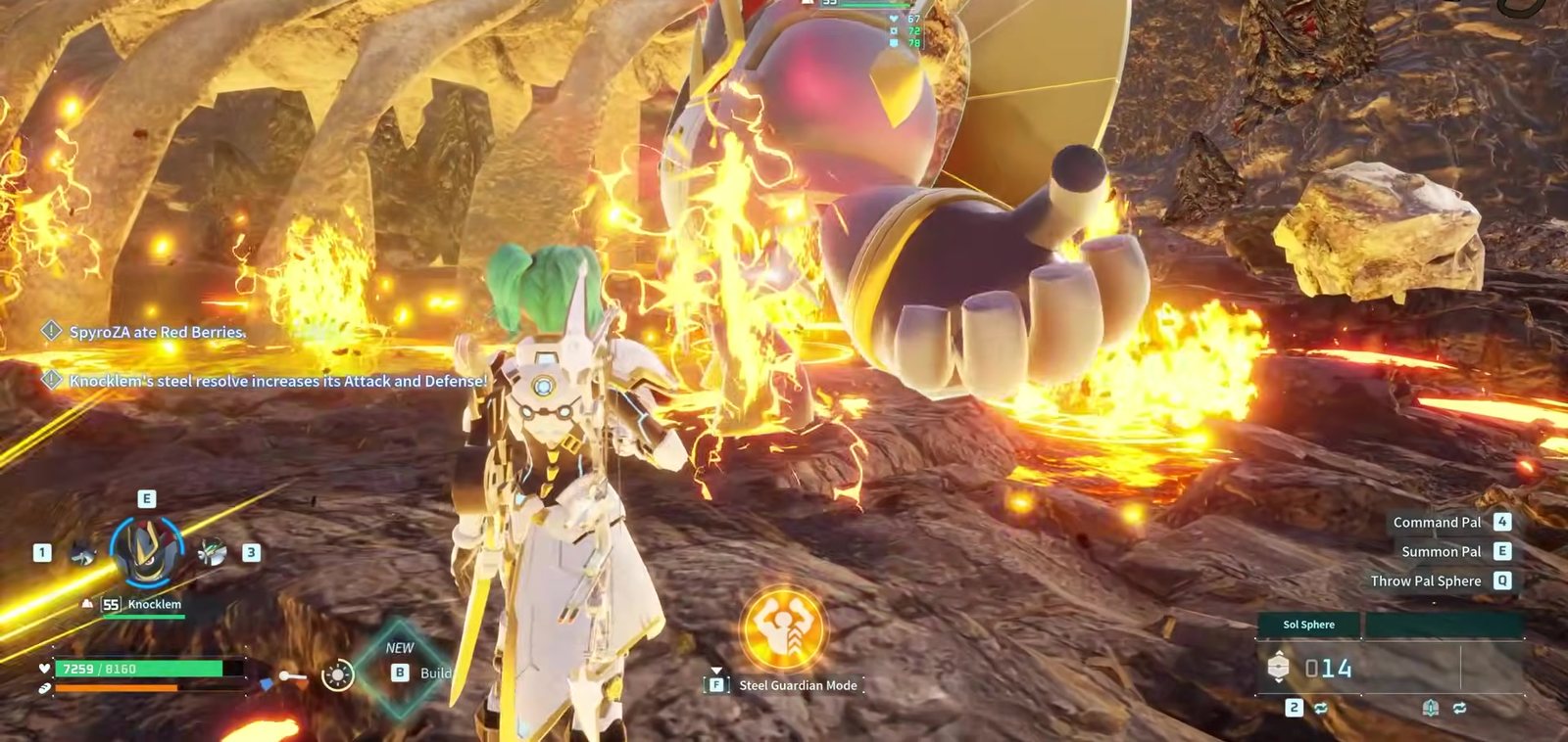A trainer and their pal battling the fire boss Blazamut across a burning ridge