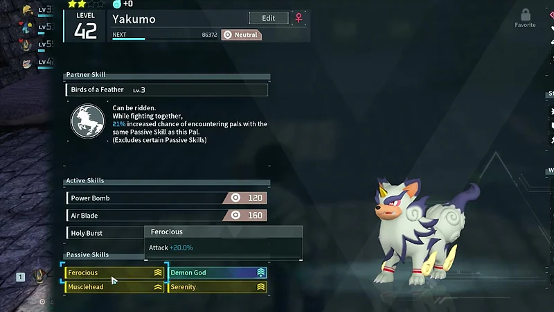 A level 42 Yakumo party screen showing Ferocious, Demon God, Musclehead, and Serenity stacked with the Birds of a Feather partner skill