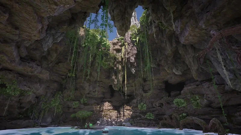 A dramatic lush cavern grotto, one of Palworld 1.0's striking new base locations