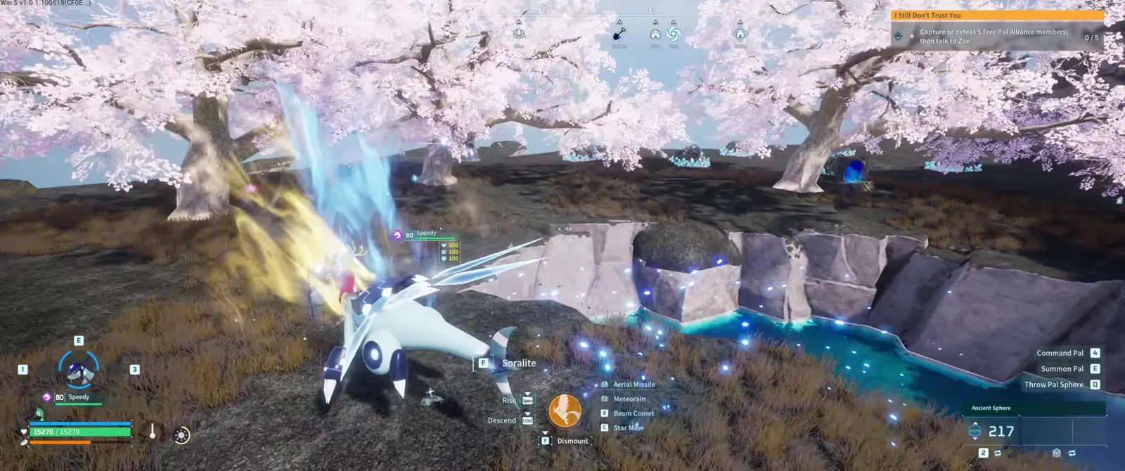 A high, open Sunreach platform with late-game ore, a skill-fruit tree and a waterfall at the edge.