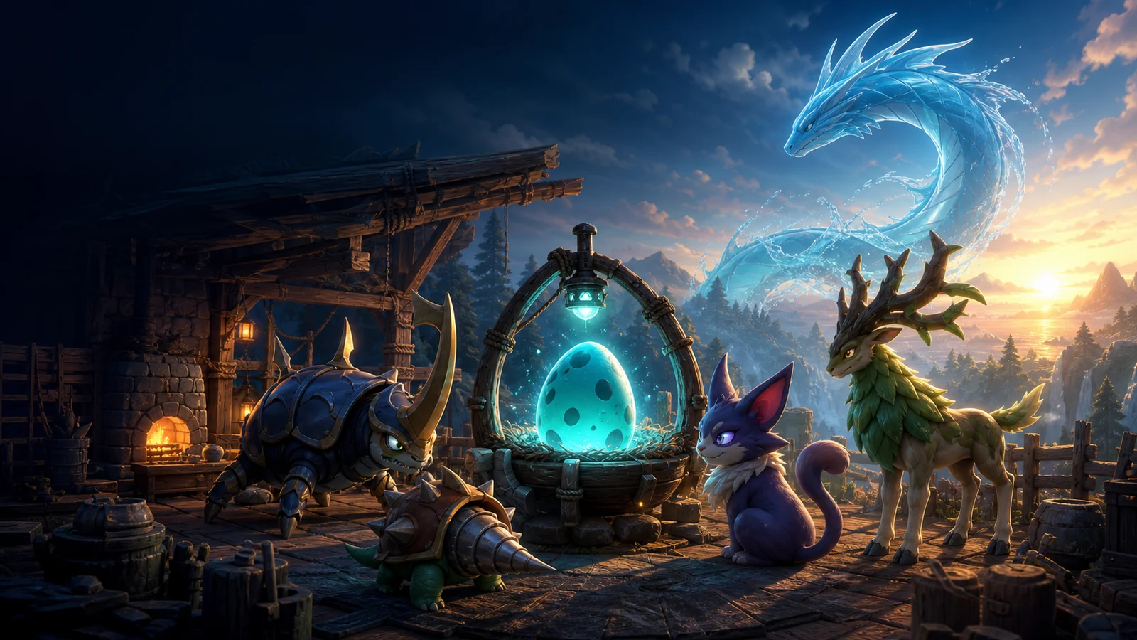 Four early fantasy creatures gathered around a glowing breeding egg with a water dragon forming in the distance