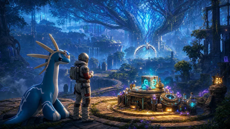 A survivor and Pal stand beside an ancient crafting station beneath the luminous World Tree while Panthalus waits across the valley.