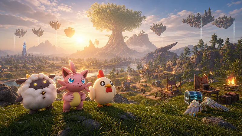 Lamball, Cattiva, and Chikipi overlook a busy sunrise base beneath floating islands and the World Tree