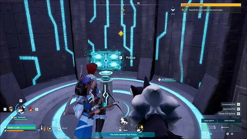 A glowing Palworld ancient ruin interior with a schematic reward on a pedestal
