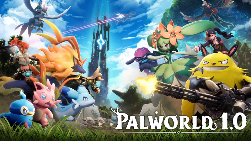 Palworld 1.0 key art showing Sunreach floating above the Palpagos Islands