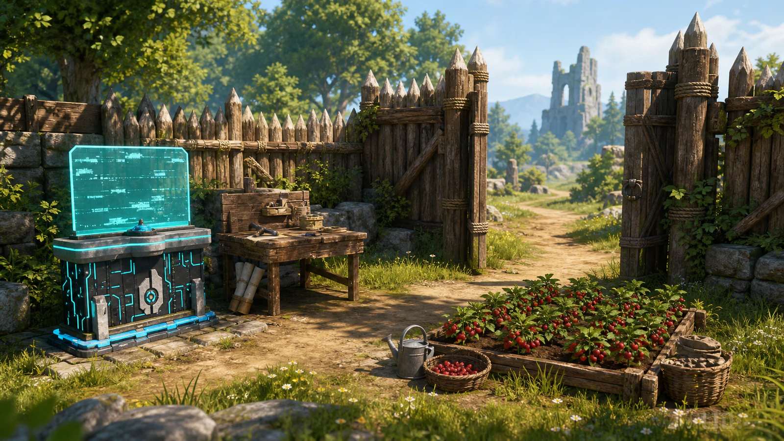 A compact Palworld base with a Palbox, Workbench, berry plot, and an open gate toward distant ruins