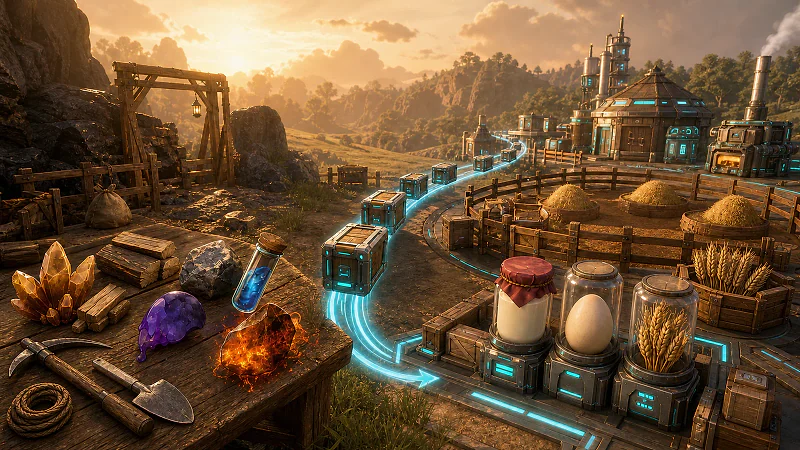 Raw ore, wood, stone, organs, milk, eggs, and wheat move along a glowing logistics route into an automated base