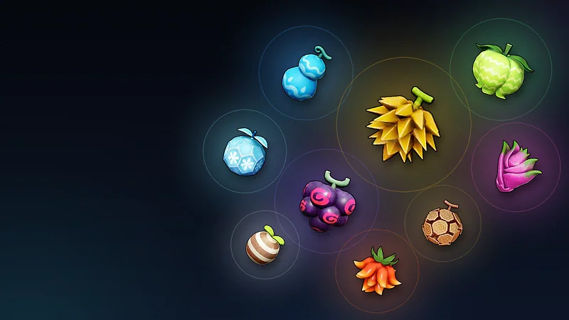 Nine Palworld skill fruits arranged on a dark board, each glowing in its element color