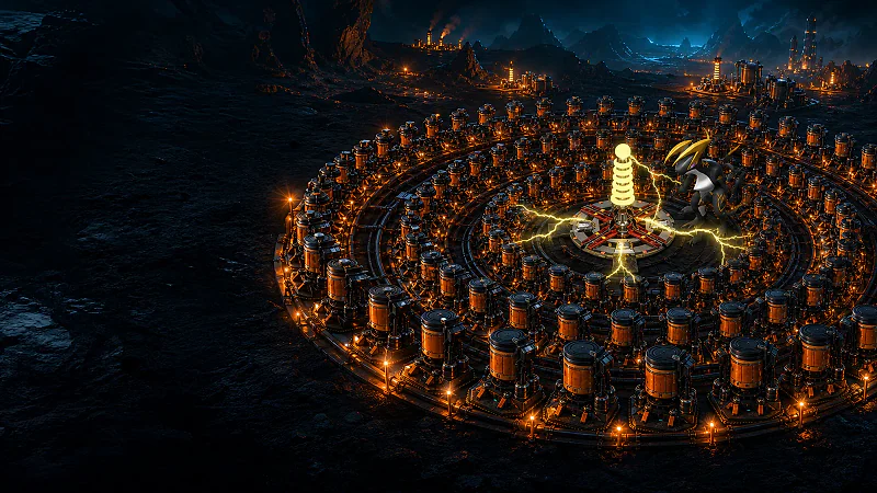 Concentric rings of high-pressure crude oil extractors powered by an ancient generator and Orserk at night