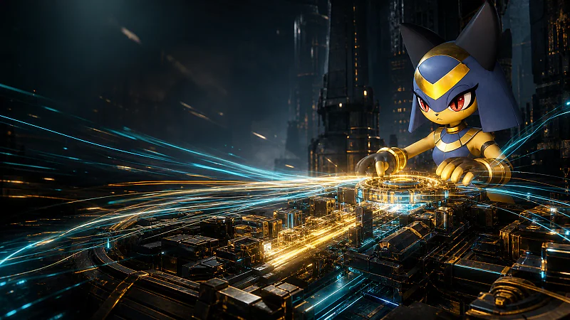 Alpha Sekhmet operating a glowing ancient synthesizer as blue and gold speed trails cross the workbench