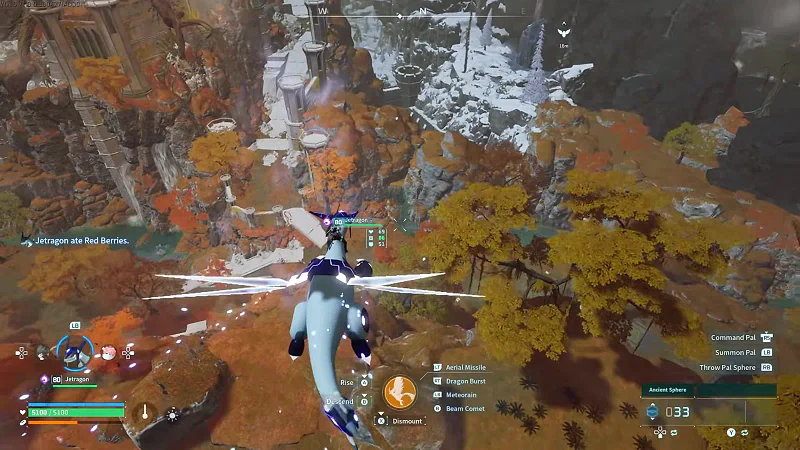 Jetragon flying above the autumn ruins and snowy cliffs surrounding the Gilded City Ancient Relic farming route
