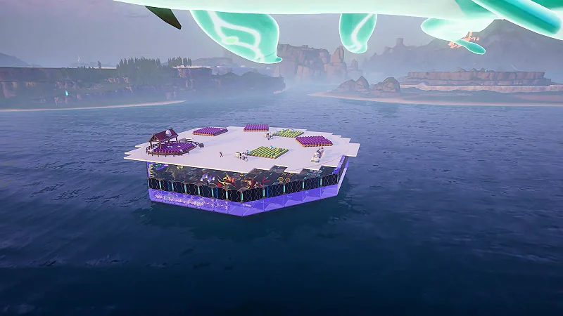 Large hexagonal Palworld base built on open water beneath the floating World Tree islands