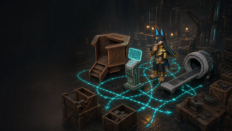Anubis studying crossed task routes between a Monitoring Stand, worker terminal, conveyor, and storage crates