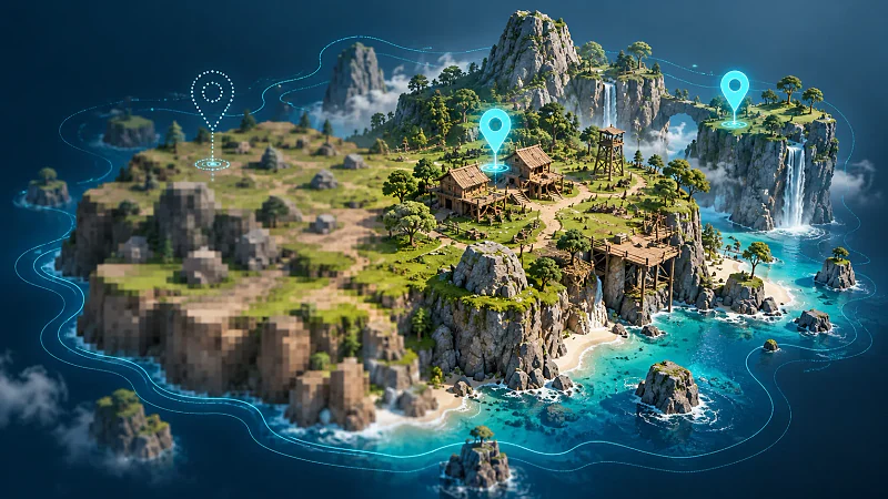 Conceptual island illustration contrasting coarse and detailed terrain with visible and fading map pins