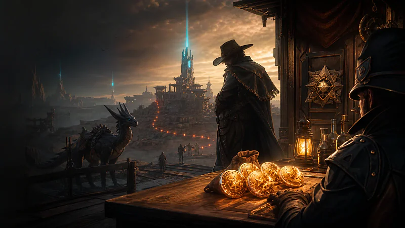 A Palworld bounty hunter studying named targets beside a stack of reward tokens