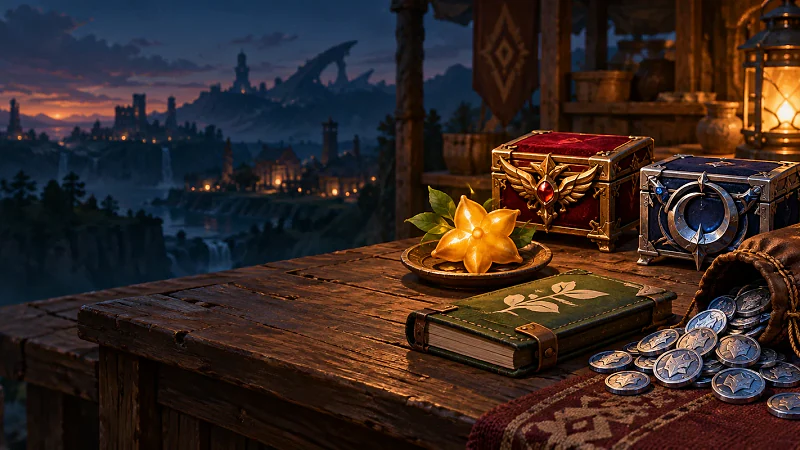Generated fantasy merchant-counter illustration with collectible coins, accessory boxes, a star-shaped fruit and a handbook