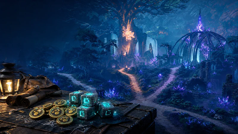 Three paths through luminous World Tree ruins beside a table of Dog Coins and ancient rewards
