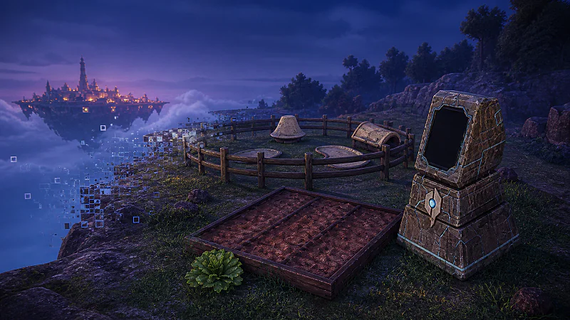 An inactive Sky Island farm and Guild Chest dissolving at the edge of a streamed world cell
