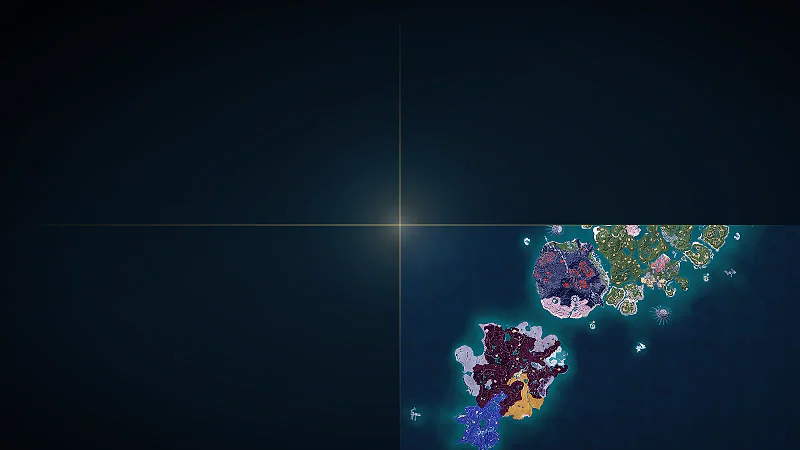 The charted Palworld world map glowing as one quadrant of a larger dark ocean, with light radiating from the center where the four quadrants meet