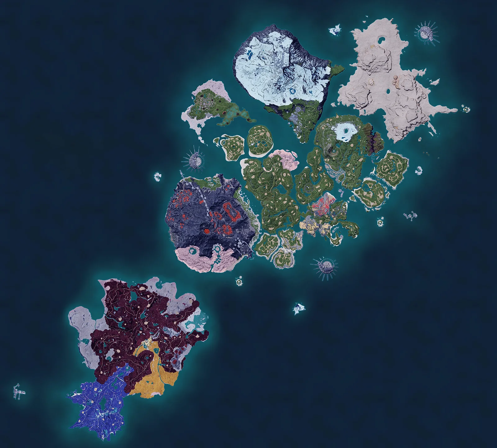 The Palworld 1.0 world chart with the Palpagos Islands and Feybreak surrounded by open ocean on every side