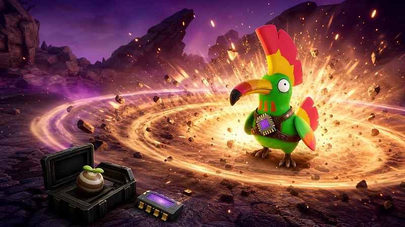 Tocotoco standing inside a huge explosion while wearing a Heavily Armored implant, with an Implode Skill Fruit in the foreground