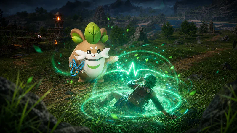 Herbil activates its harness and sends a bright green revive pulse toward a downed player
