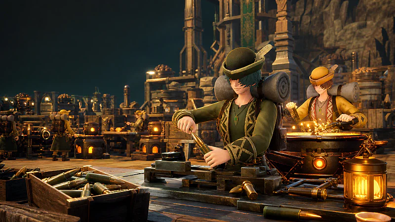 Legendary Ammo and Gourmet Merchants working at high-speed crafting stations in an endgame base