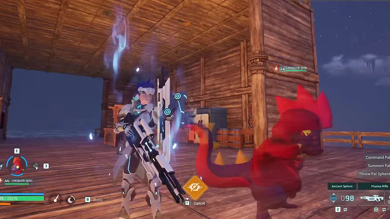 Player turned invisible by the Too Cool to be Seen skill standing beside Leezpunk Ignis inside a wooden enemy base at night