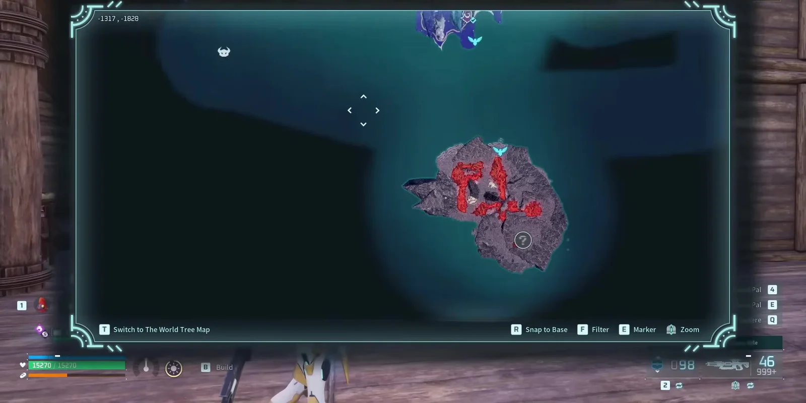 Palworld world map showing an island enemy base marked with a question mark near Feybreak waters