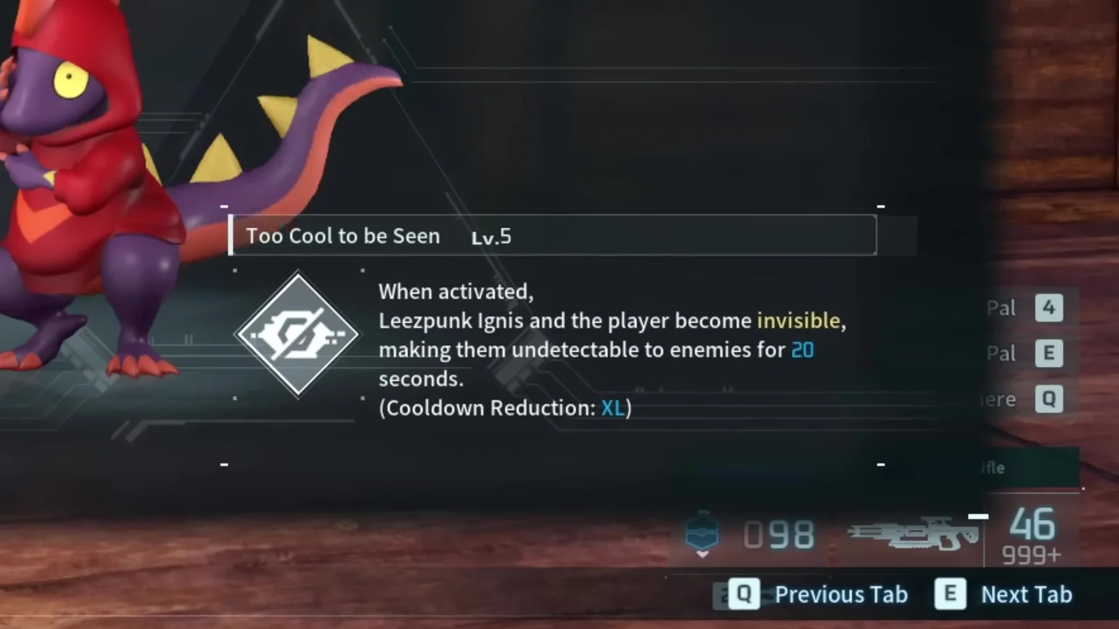 In-game tooltip for the Too Cool to be Seen partner skill showing 20 seconds of invisibility at level 5