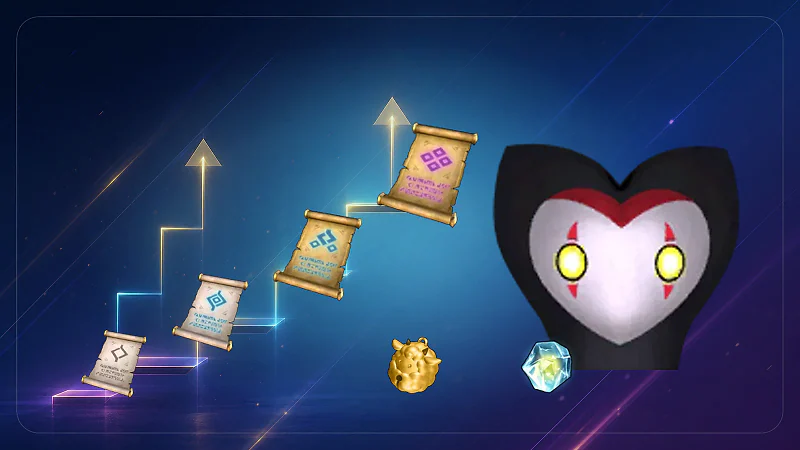 Omascul leading Palworld Training Manuals, a Training Crystal, and a Growth Acceleration Bell up a leveling staircase