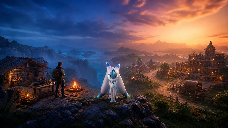 Lunaris stands between a solitary survival camp and a large shared settlement at sunset.