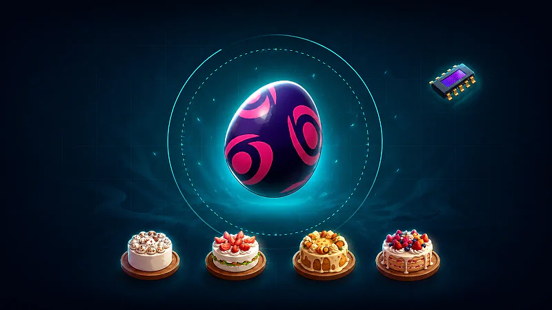 A dark Pal egg inside a dashed scanner ring above the four Palworld breeding cakes on a dark laboratory backdrop